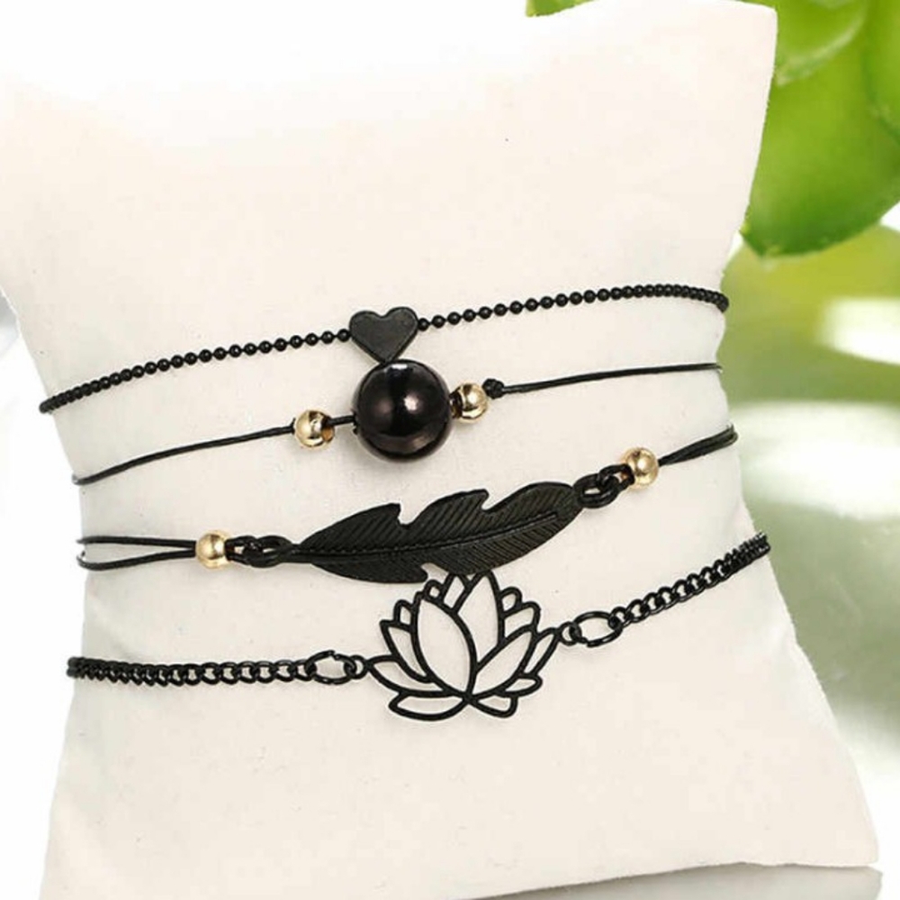 NEW 4 pc Black Boho Lotus Adjustable Bracelet Set - Picture 14 of 16